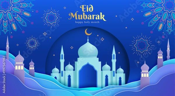 Fototapeta Eid Mubarak: Night of Celebration with Mosque and Star Patterns