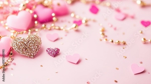 Fototapeta A playful arrangement of vibrant hearts and sparkling gold confetti dances across a soft pink surface, creating a whimsical celebration of love and joy.