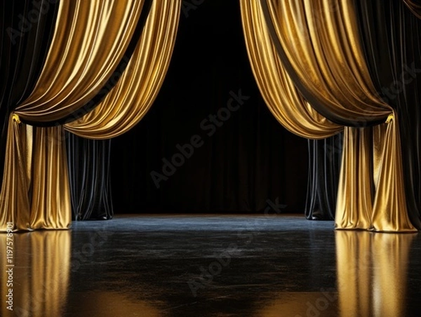 Obraz Stage with gold curtains and black floor