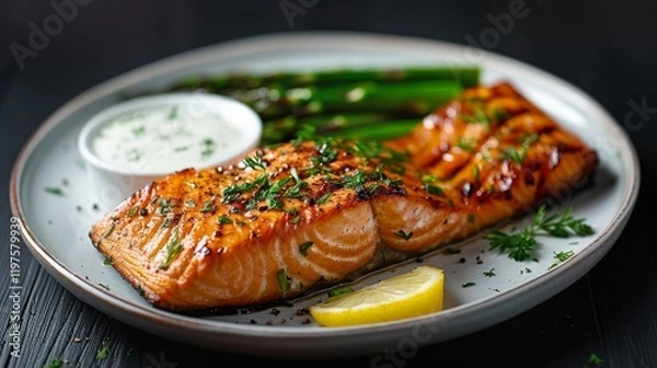 Fototapeta Delicious grilled salmon accompanied by lemon, asparagus, and creamy sauce on a white plate