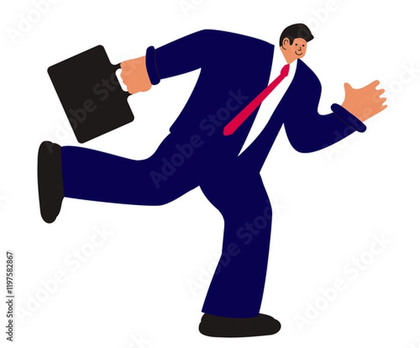 Fototapeta Cartoon style illustration of a businessman in a business suit running and hurrying. Business, finance, professional activity. Vector illustration