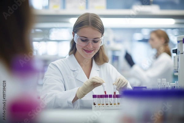 Fototapeta A young woman with rubber gloves, safety glasses and white lab coat is working in the laboratory.	
