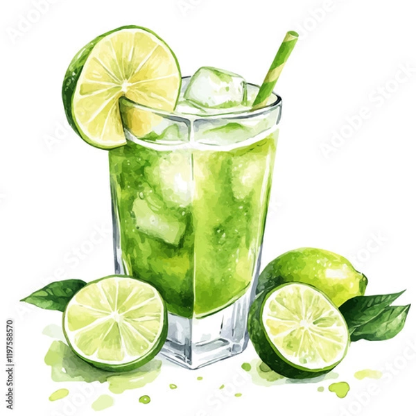 Fototapeta A watercolor drawing of sweet lime juice, isolated on a white background. Sweet lime juice vector.
