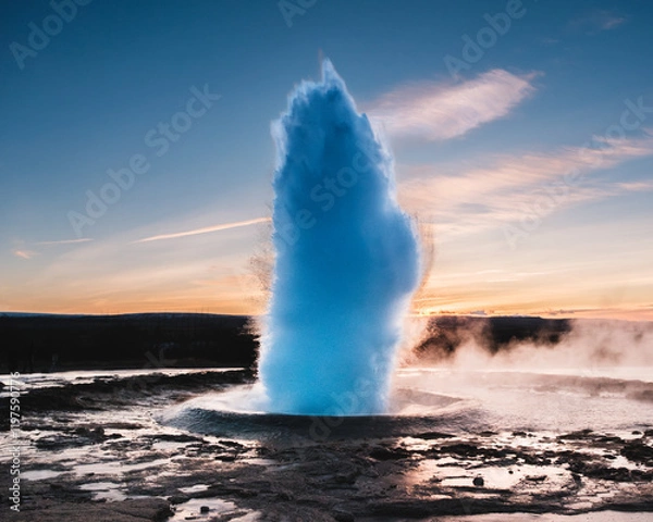 Fototapeta Strokkur Geysir eruption at sunset in south Iceland, Haukadalur valley