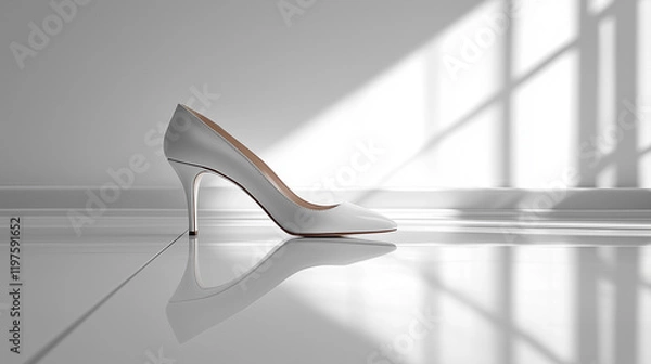 Fototapeta A stylish white high-heeled shoe rests on a shiny floor, reflecting light. Soft shadows from a nearby window enhance the minimalist aesthetic of the space.