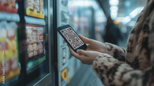 Obraz In a bustling environment, a woman holds her smartphone in front of a high-tech vending machine, scanning a QR code to access products or services.