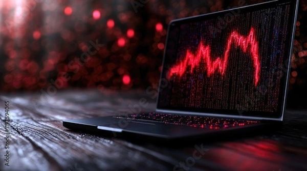 Fototapeta Laptop showing falling stock market graph, dark wood desk, red bokeh background; financial crisis concept