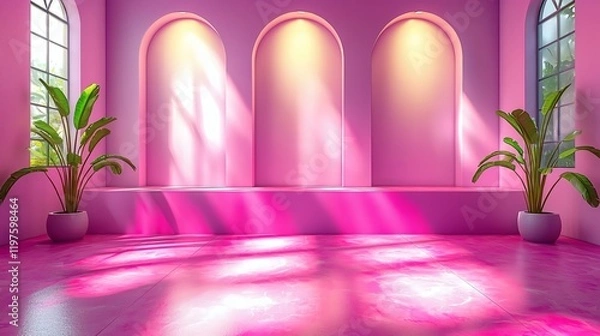 Obraz Pink Minimalist Interior Design: A minimalist interior with a pink color palette and arched windows. The warm light streaming through the windows creates a soft and inviting atmosphere.