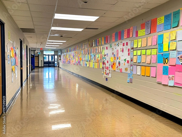 Fototapeta welcoming classroom hallway featuring colorful sticky notes and posters on walls, creating engaging and vibrant learning environment