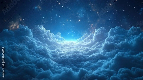 Fototapeta A breathtaking view of luminous clouds illuminated by a radiant light, set against a starry night sky