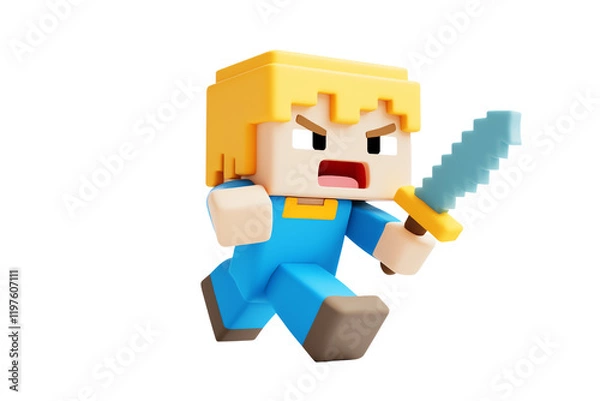 Fototapeta A blocky character with blonde hair, wearing blue overalls, brandishing a sword and appearing to run aggressively.