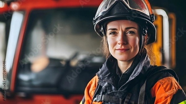 Fototapeta Portrait of a confident female firefighter in uniform, standing in front of a firetruck.  She looks directly at the camera with a calm, determined expression.  A symbol of strength and bravery.