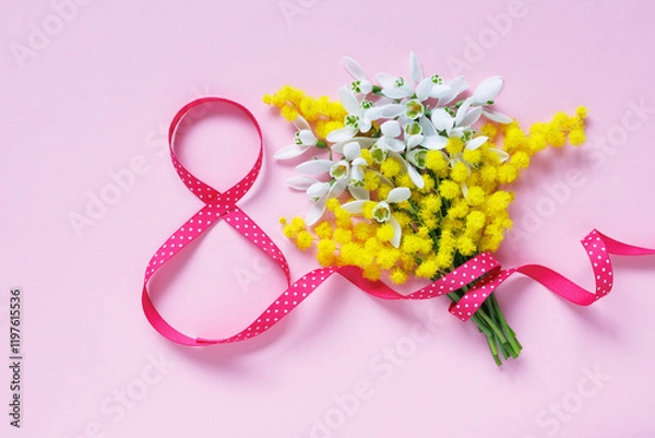 Obraz Number eight from a ribbon and a bouquet of snowdrops with mimosa on a pink background. Postcard for International Women's Day, March 8