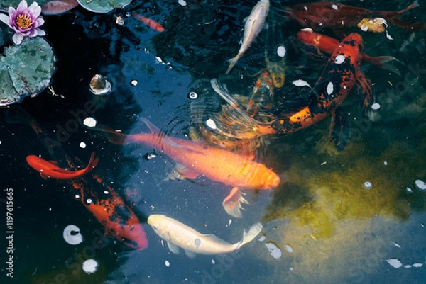 Fototapeta Colorful koi fish swimming in a pond with reflections and floating leaves