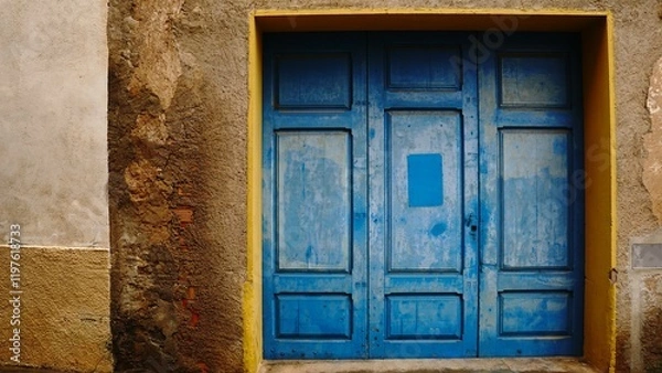Fototapeta blue wooden door in rural urban facade