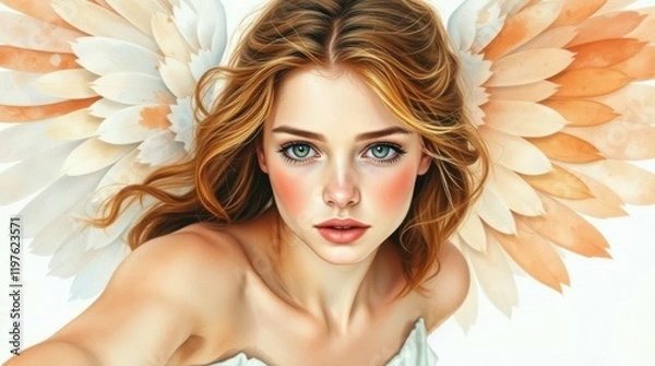 Fototapeta A stunning artistic portrayal of a young angel with soft golden wings, radiant skin, and a serene gaze, set against a light background.  
