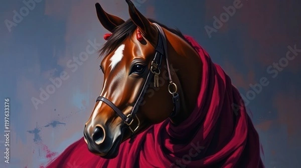 Fototapeta Artistic portrait of a brown horse wearing a halter, elegantly draped in red cloth, set against a soft, textured background.  
