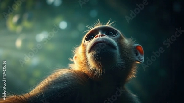 Fototapeta A close-up of a monkey with expressive eyes, gazing upward, illuminated by soft sunlight filtering through a lush forest canopy.  
