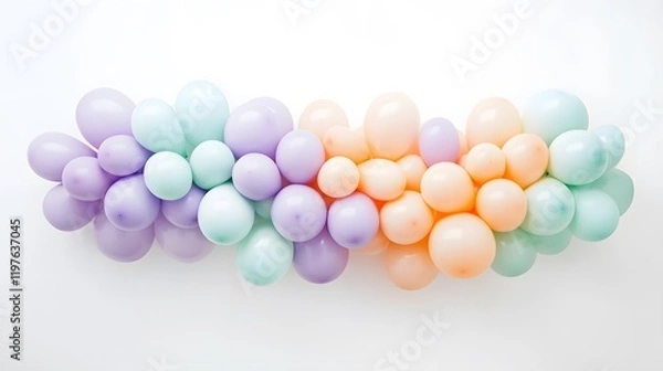 Fototapeta Pastel-colored balloons arranged in a garland, transitioning from lavender to mint green to peach. Perfect for parties or celebrations.  A bright and cheerful image.