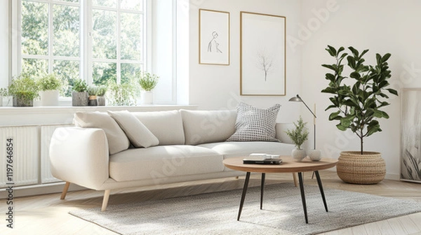 Fototapeta modern living room featuring light colored sofa, wooden coffee table, and indoor plants. bright space is enhanced by natural light and minimalistic decor