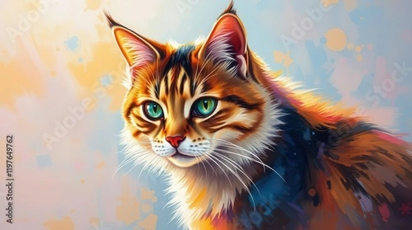 Fototapeta A vibrant, detailed illustration of a cat with striking green eyes, featuring colorful brushstrokes and a soft abstract background.  
