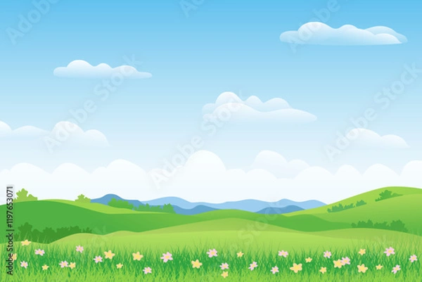 Fototapeta Landscape of green fields and meadows against the backdrop of mountains and hills. Beautiful flowers and lush green grass in summer fields and meadows. Landscape of spring nature.