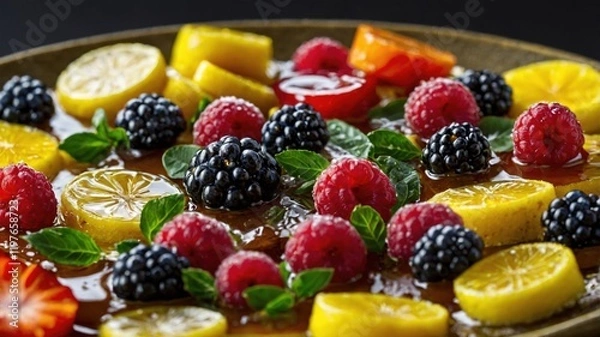 Fototapeta A vibrant platter featuring blackberries, raspberries, lemon slices, and mint leaves, artfully arranged in a sweet, glossy sauce.  
