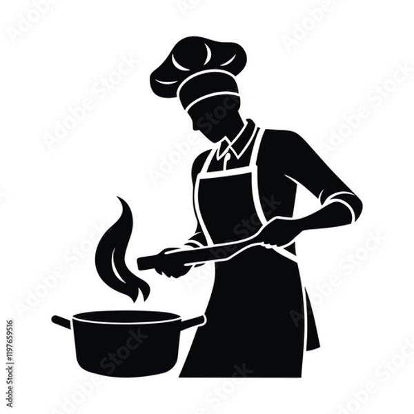 Obraz A silhouette of a chef cooking, with utensils and ingredients, captured in a vector design. The figure is dark against a simple background, highlighting culinary action.