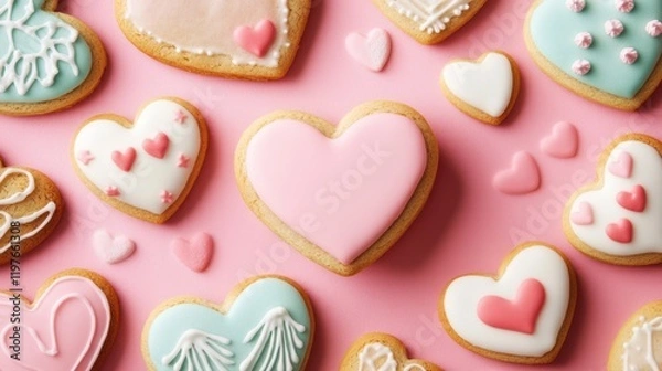 Fototapeta Sweetly adorned cookies rest on a soft pink backdrop, each crafted with love, perfect for celebrating the joys of Valentine's Day.