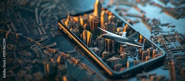 Fototapeta Airplane and miniature 3D cityscape on smartphone screen, futuristic travel, modern technology