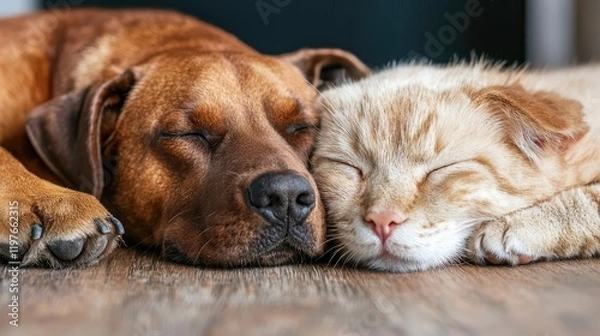 Fototapeta Dog and cat napping peacefully on floor