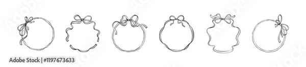 Fototapeta Set of whimsical wavy ribbon circle frames with bows. Cute line doodle drawings. Round hand drawn vintage border for wedding, birthday, Christmas, menu design and cards. Coquette flirting girly style