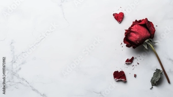 Fototapeta A solitary, broken rose rests on a table, symbolizing lost love and the bittersweet essence of Valentine's Day memories.