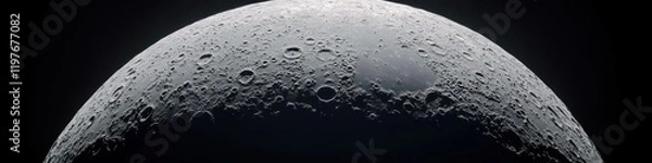 Fototapeta Detailed surface of the moon showing craters and textures under soft light with a dark, empty space in the background