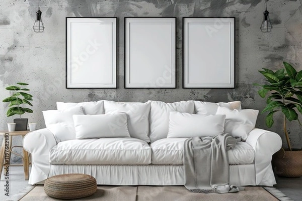 Obraz Interior design of a modern living room with a white sofa and posters, frames displayed on a chic gray wall.