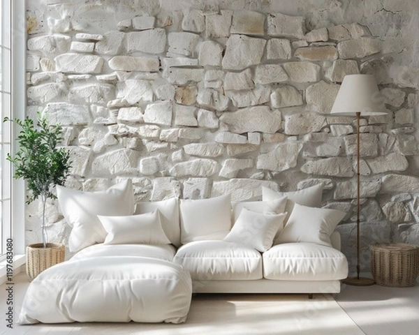 Fototapeta In a modern living room with Mediterranean style, a white sofa adorned with beige pillows and a floor lamp is positioned near a window.