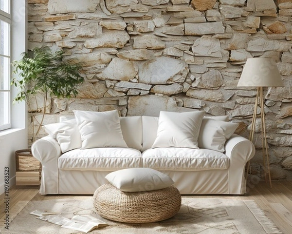 Fototapeta White sofa with beige pillows and floor lamp against a window near a stone cladding wall in the interior design of a modern Mediterranean home.