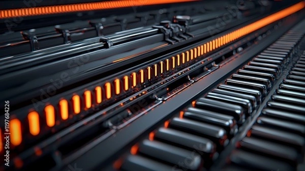 Fototapeta A futuristic, abstract image featuring sleek black surfaces with glowing orange accents, emphasizing depth and technology.