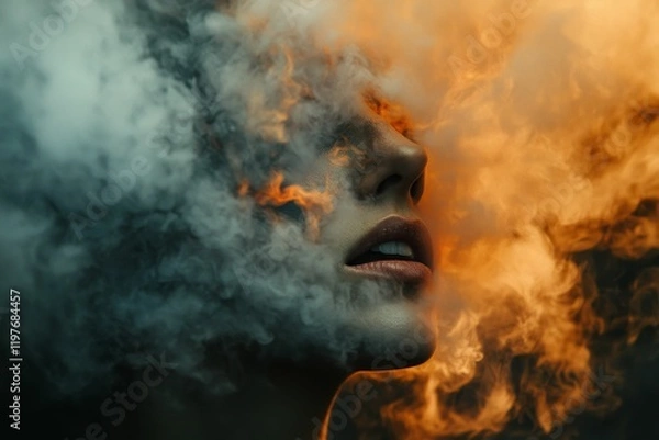 Fototapeta Face partially obscured by gray and orange smoke.