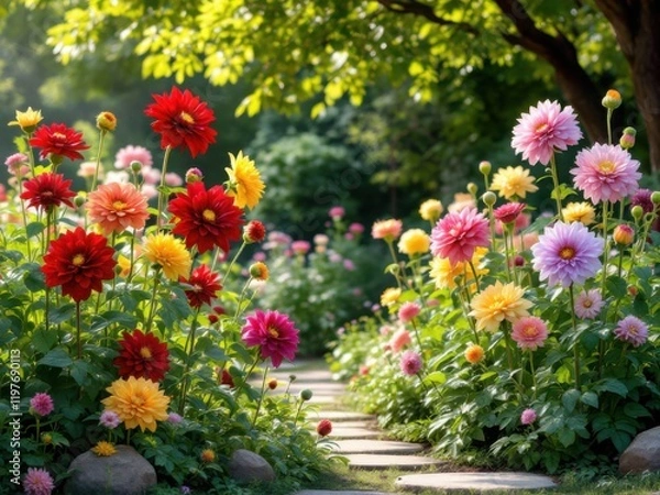 Fototapeta Vibrant Dahlia Garden Pathway in Full Bloom