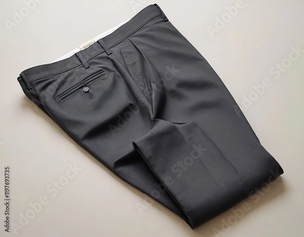Fototapeta A neatly folded pair of gray dress pants on a neutral background, showcasing a sleek and professional style.