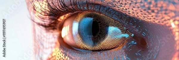 Fototapeta Cybernetic eye close-up revealing intricate details and vibrant colors in a futuristic setting