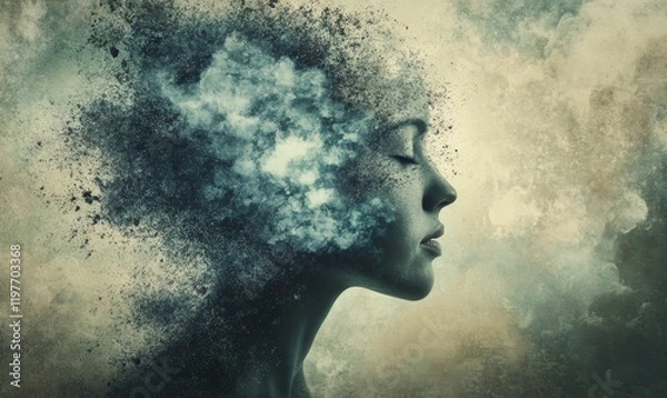 Fototapeta Disintegrating female profile, serene expression, textured background.