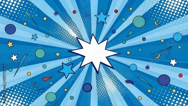 Fototapeta Dynamic Blue Comic Book Background with Stars and Text Bubble.