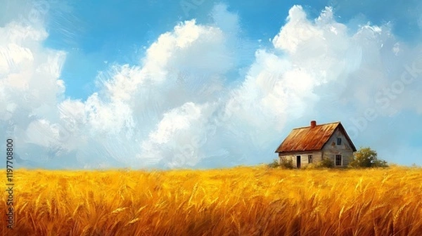 Fototapeta Golden Wheat Field Peaceful Rustic House Sunny Day. AI Generated