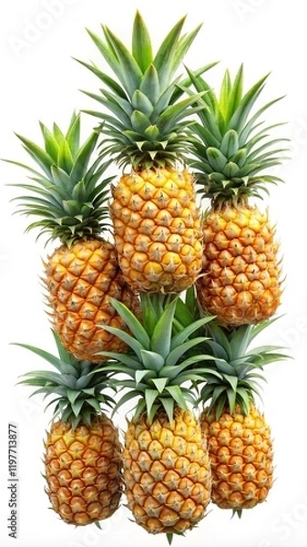Fototapeta Stack of ripe tropical pineapples  -  A vertical stack of fresh, ripe pineapples with spiky green tops, highlighting their tropical sweetness, vibrant colors, and natural appeal.  
