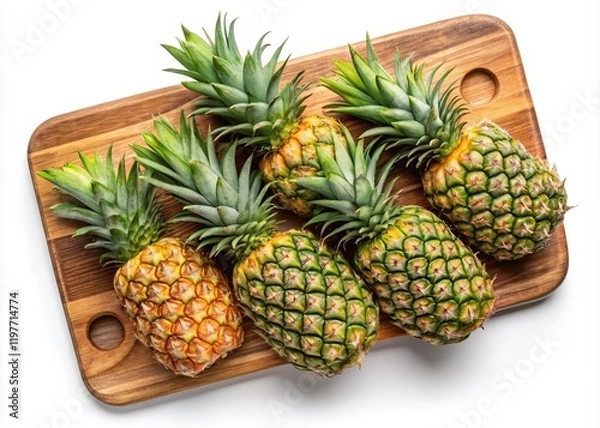 Fototapeta Whole pineapples on wooden board - A row of fresh, ripe whole pineapples with spiky green leaves displayed on a wooden board, perfect for tropical recipes. 
