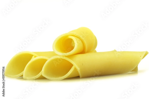 Obraz Swiss cheese slices close up on the white