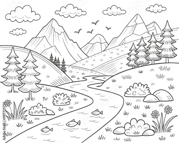 Fototapeta Mountain Landscape Coloring Page with fish, Trees and River. Easy Printable for Letter Size Paper