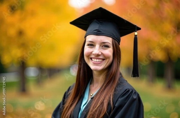 Fototapeta Banner. Close-up portrait of a happy female student wearing a gown and graduation cap against a blurred background of an autumn park.